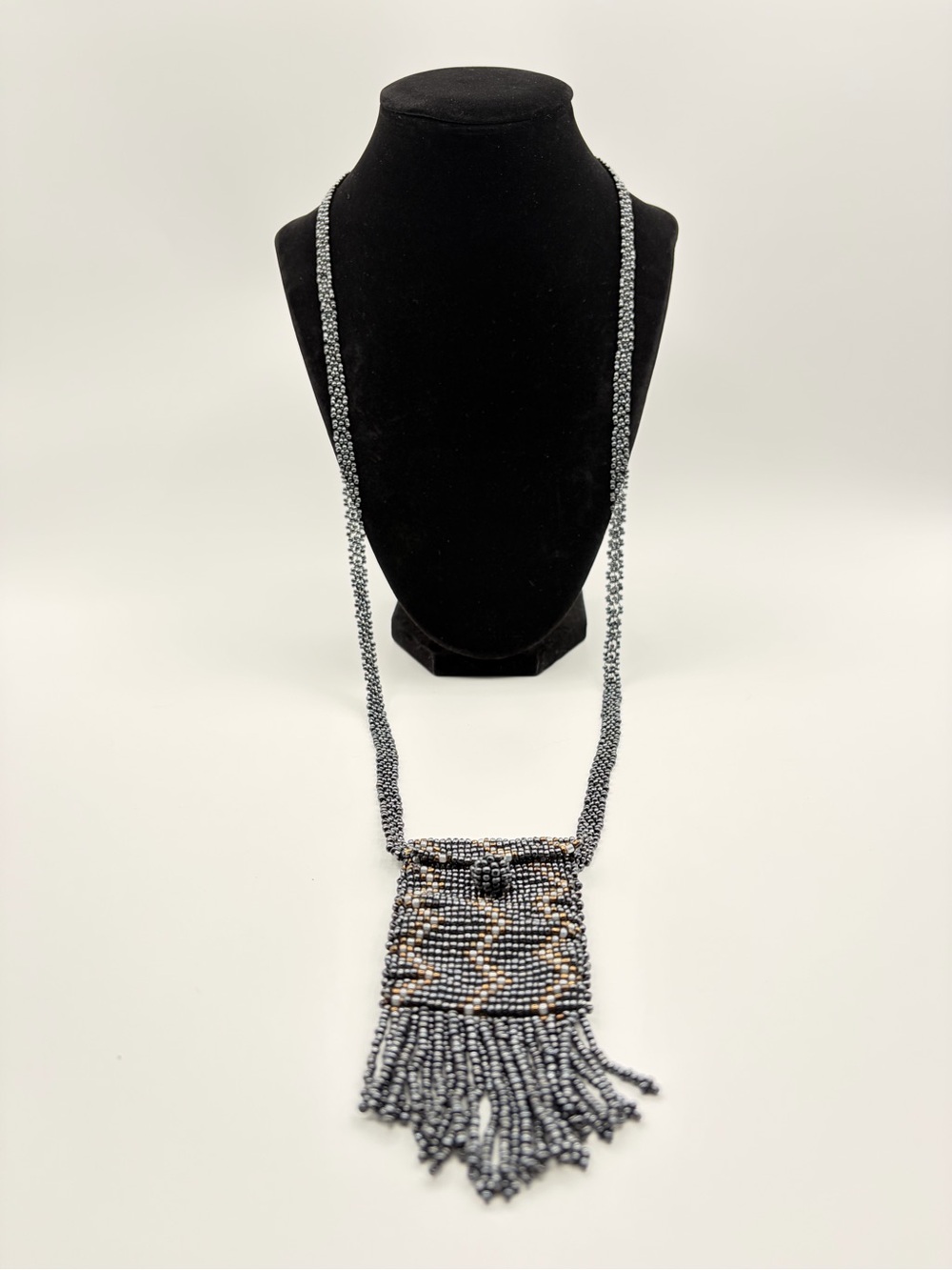 Vintage Beaded Necklace Purse Pendant Fringe Tassel Necklace